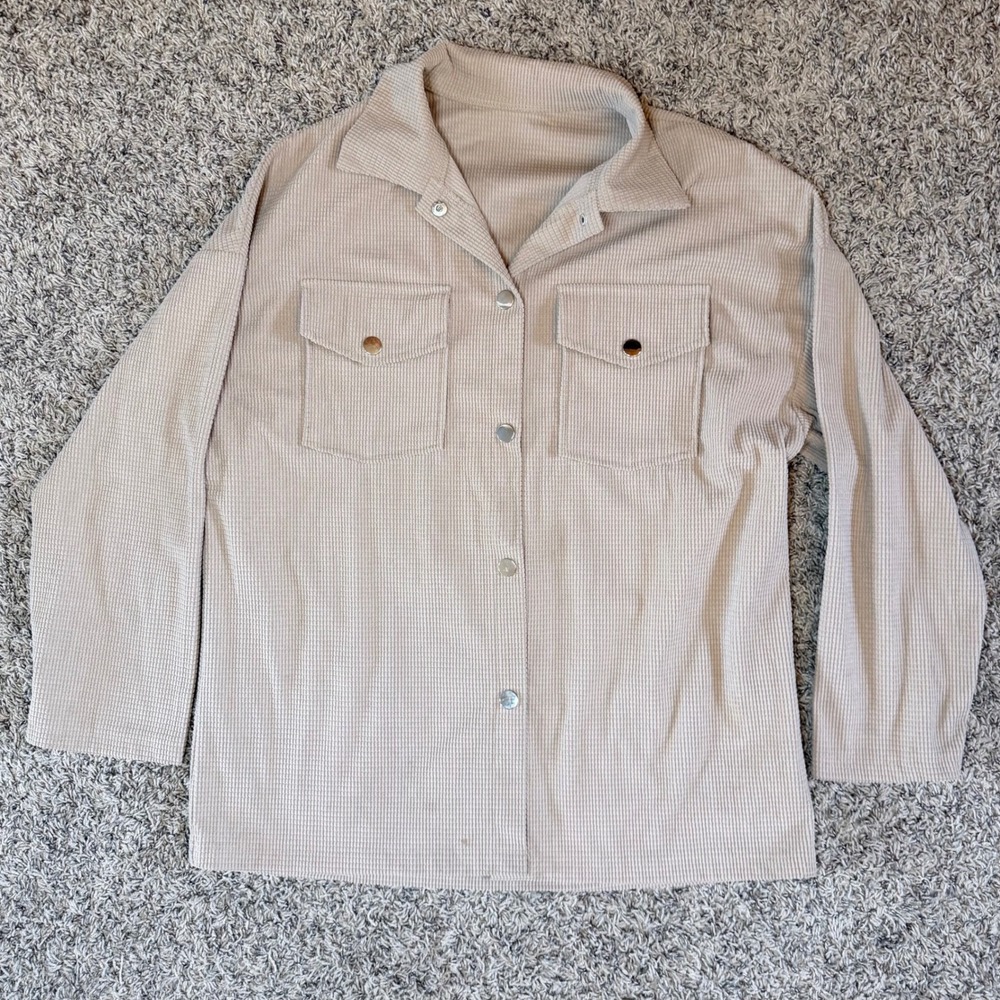 Emery Rose Women Beige Ribbed Textured Button Down Shacket Jacket Medium